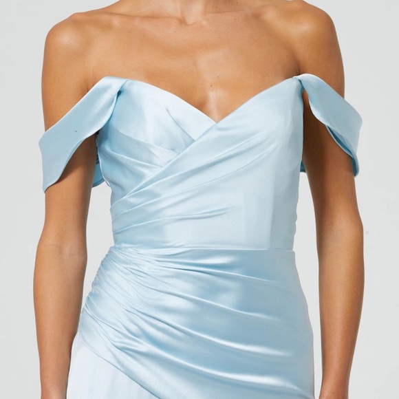 NWT Ieena for Mac Duggal Blue Satin Off The Shoulder Crossover Gown 56037 Size 6 - Picture 16 of 16